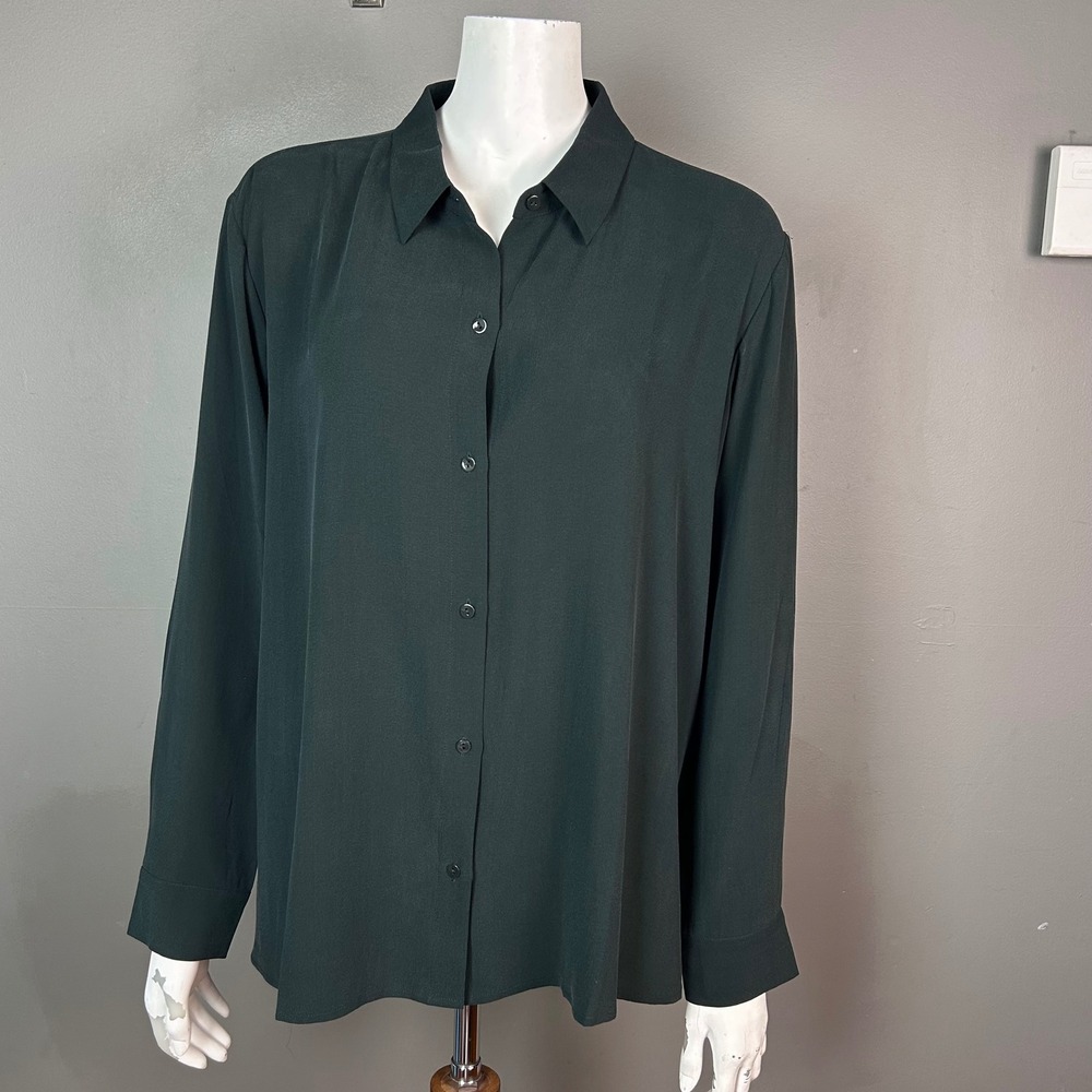 Eileen Fisher Classic Collar Silk Shirt Size Large Forest Green Office NWT